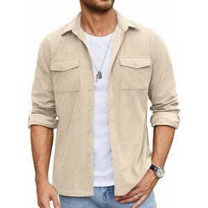 Men's Light Khaki Button Down Waffle Shirt Jacket Casual Long Sleeve Shacket